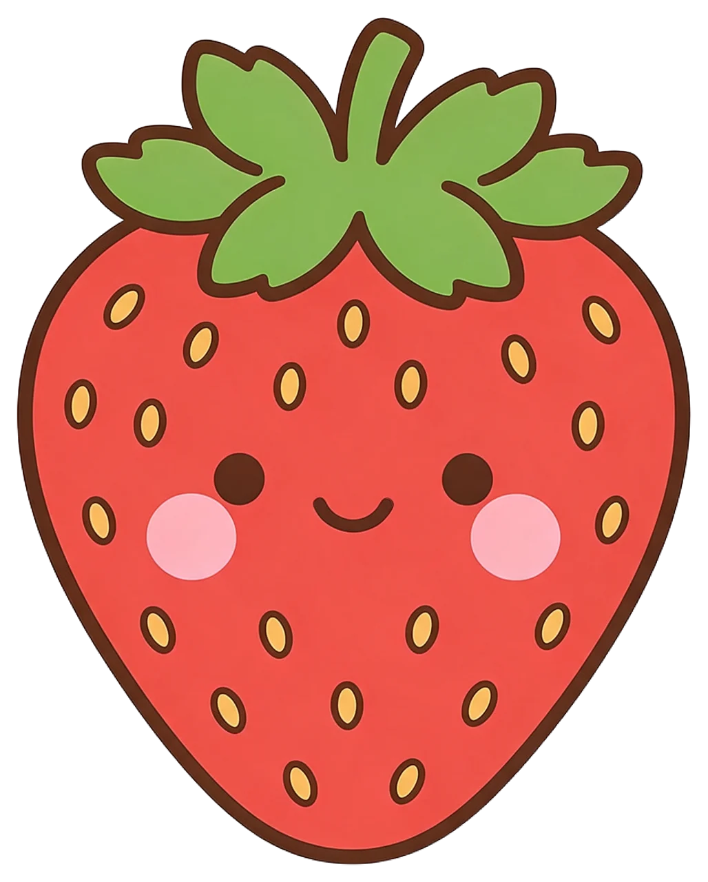 Flat kawaii illustration of a smiling red strawberry with green leaves, dot eyes, and pink blush cheeks.