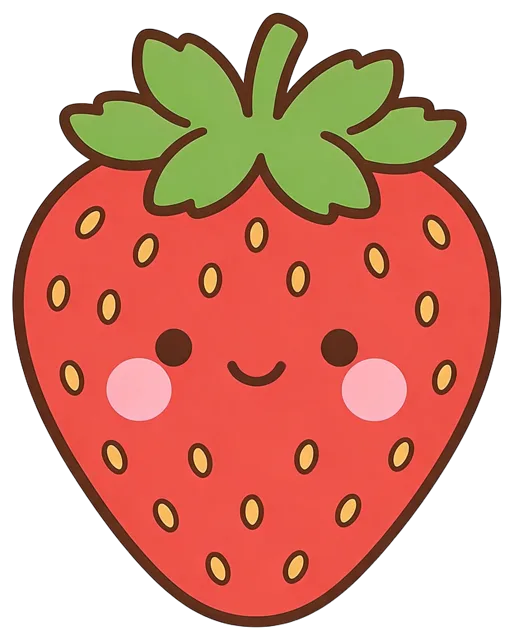 Flat kawaii illustration of a smiling red strawberry with green leaves, dot eyes, and pink blush cheeks.