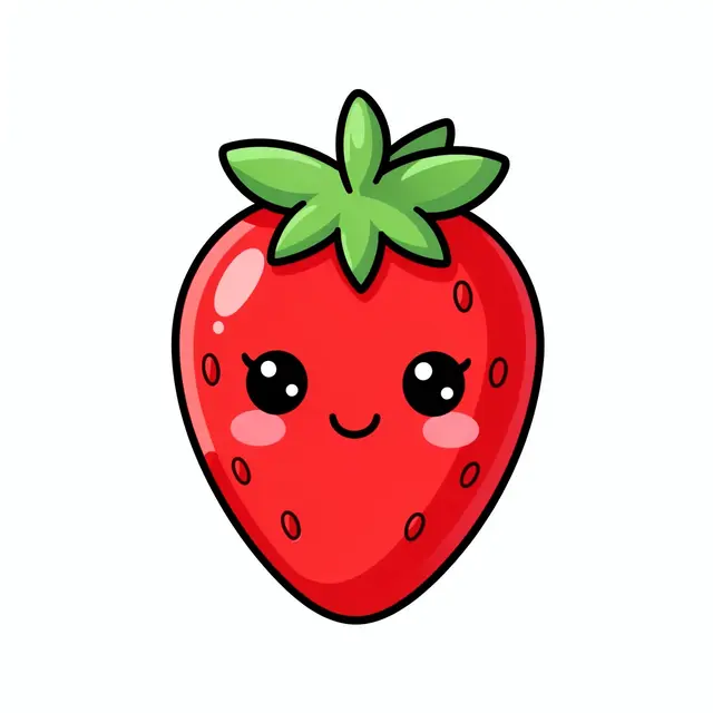 A smiling cartoon kawaii strawberry character isolated on a plain white background
