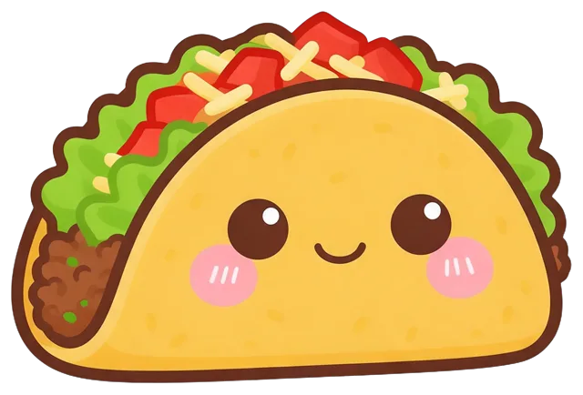 Charming kawaii sticker illustration of a smiling anthropomorphic taco with pink blush cheeks