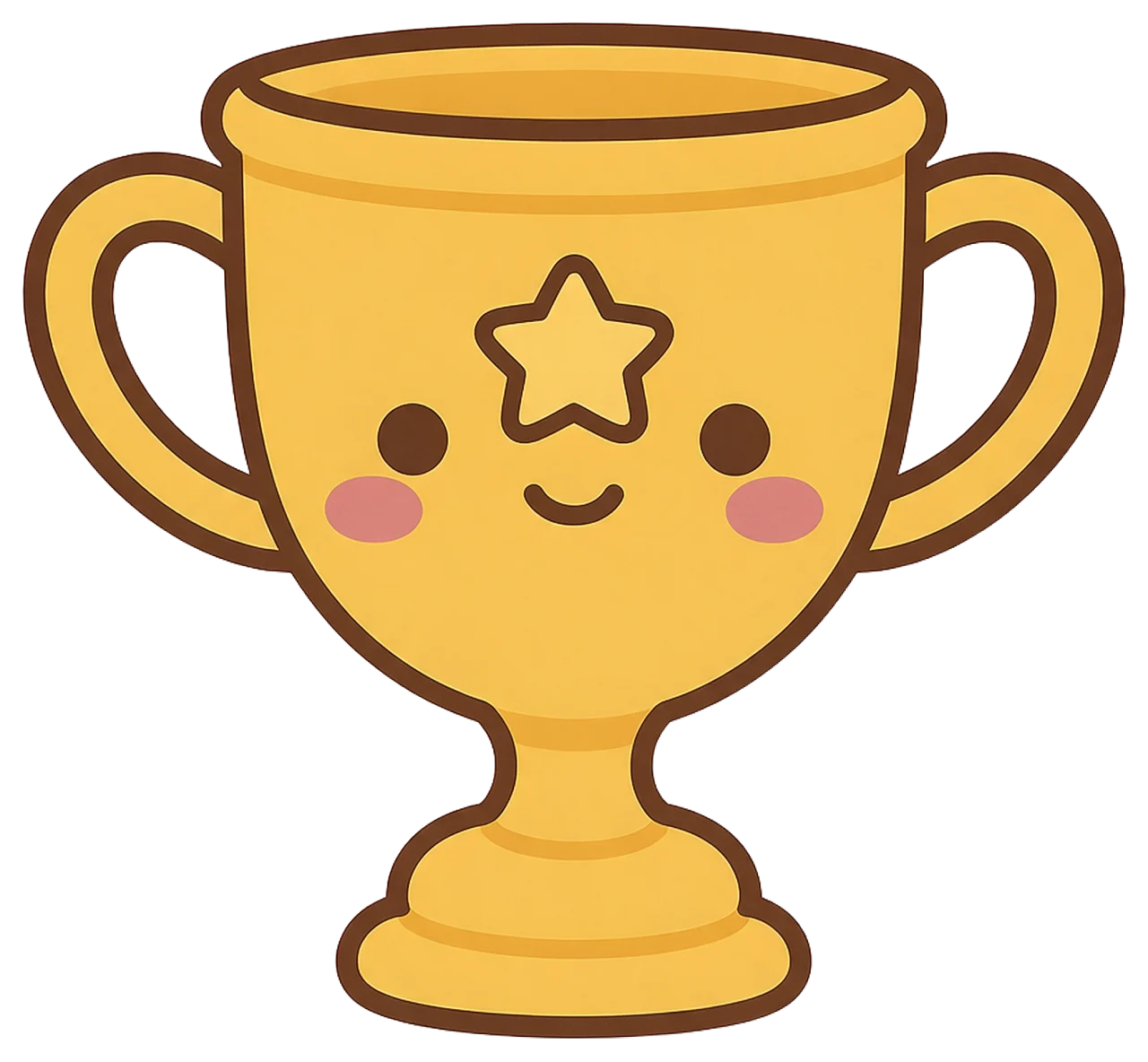 A smiling kawaii golden trophy with a star, round eyes, pink cheeks, thick brown outline and two handles