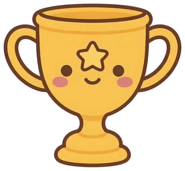 A smiling kawaii golden trophy with a star, round eyes, pink cheeks, thick brown outline and two handles