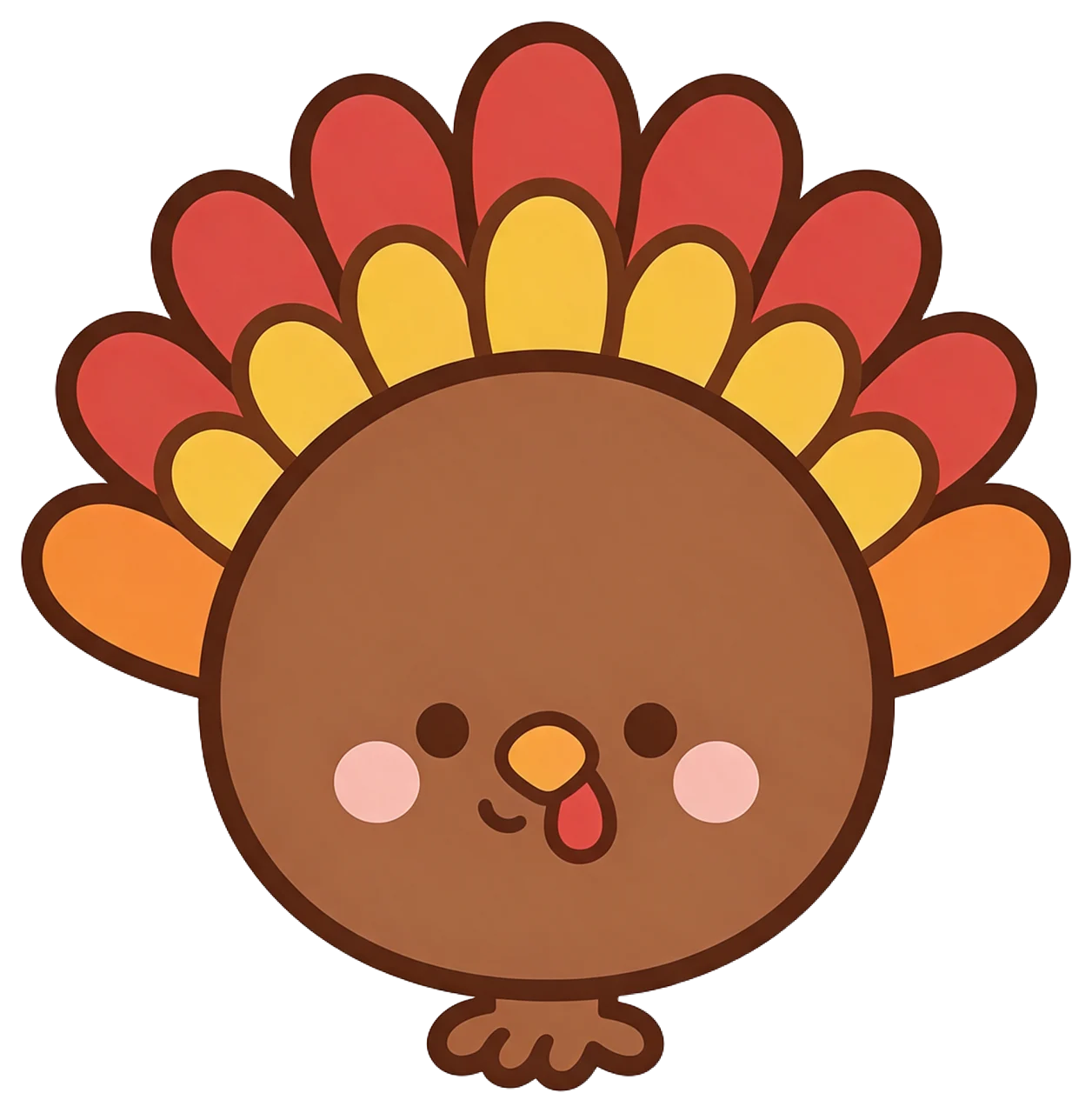 Round cute kawaii turkey illustration with colorful fan tail feathers and pink blush cheeks