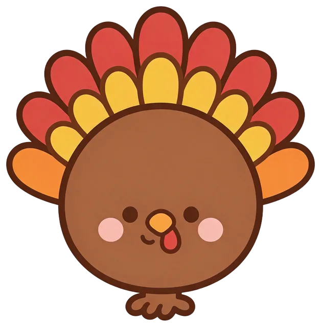Round cute kawaii turkey illustration with colorful fan tail feathers and pink blush cheeks