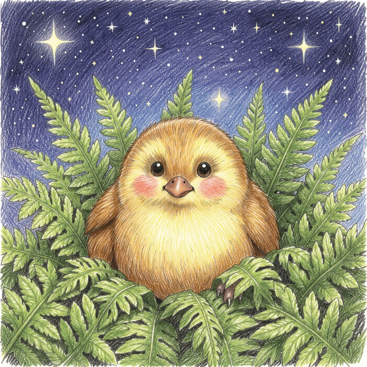 Colored pencil drawing of a fluffy cute kiwi bird nestled in ferns beneath a starry night sky