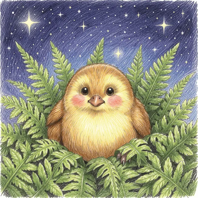 Colored pencil drawing of a fluffy cute kiwi bird nestled in ferns beneath a starry night sky