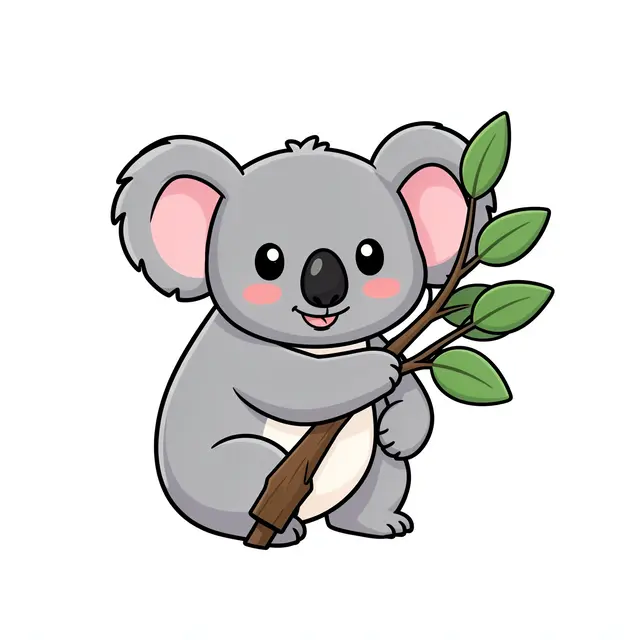 Cartoon koala sits smiling while holding and hugging a leafy eucalyptus branch on a plain white background