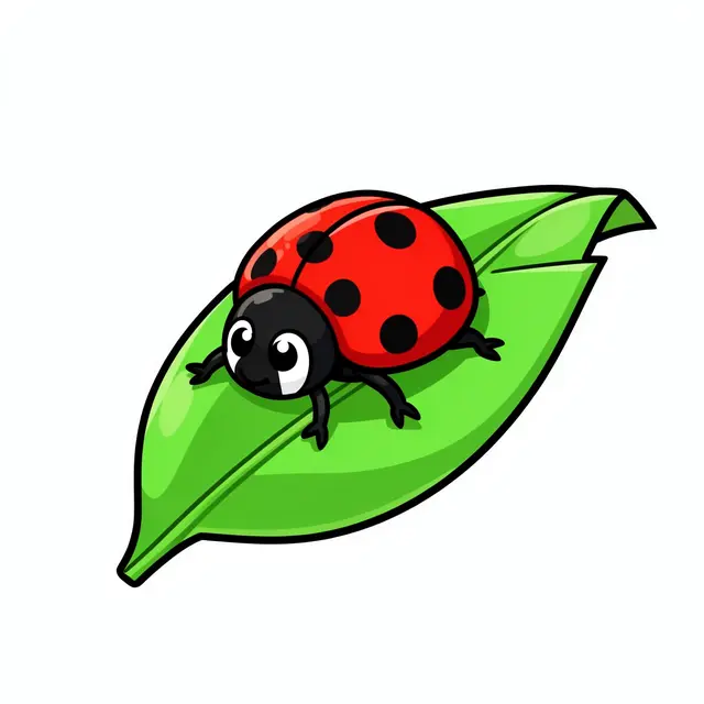 A cheerful cartoon ladybug crawls on a bright green leaf against a plain white background