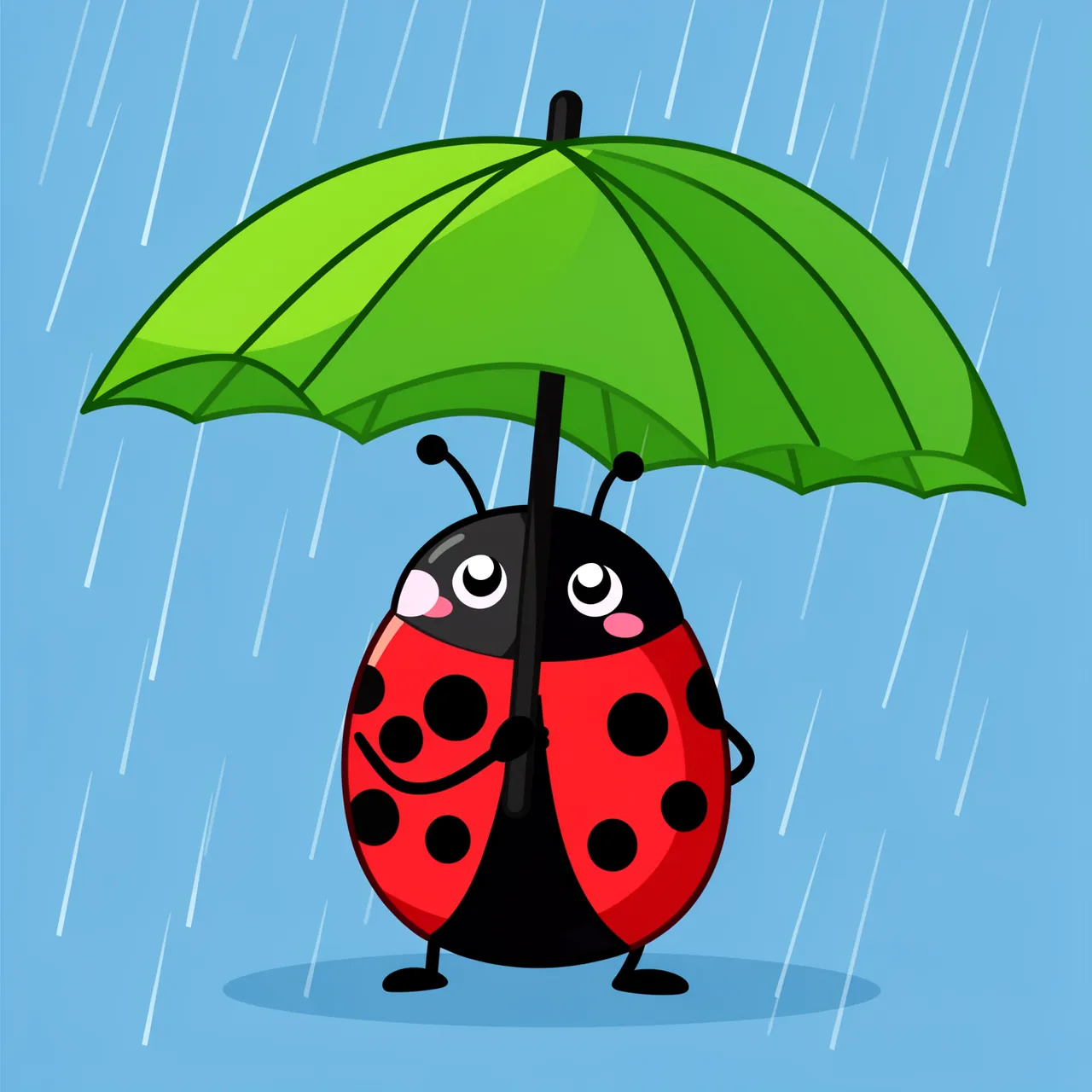 Cartoon ladybug holds a green umbrella while standing in falling rain on a light blue background