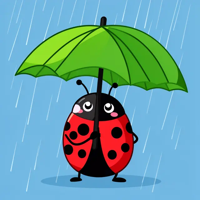 Cartoon ladybug holds a green umbrella while standing in falling rain on a light blue background