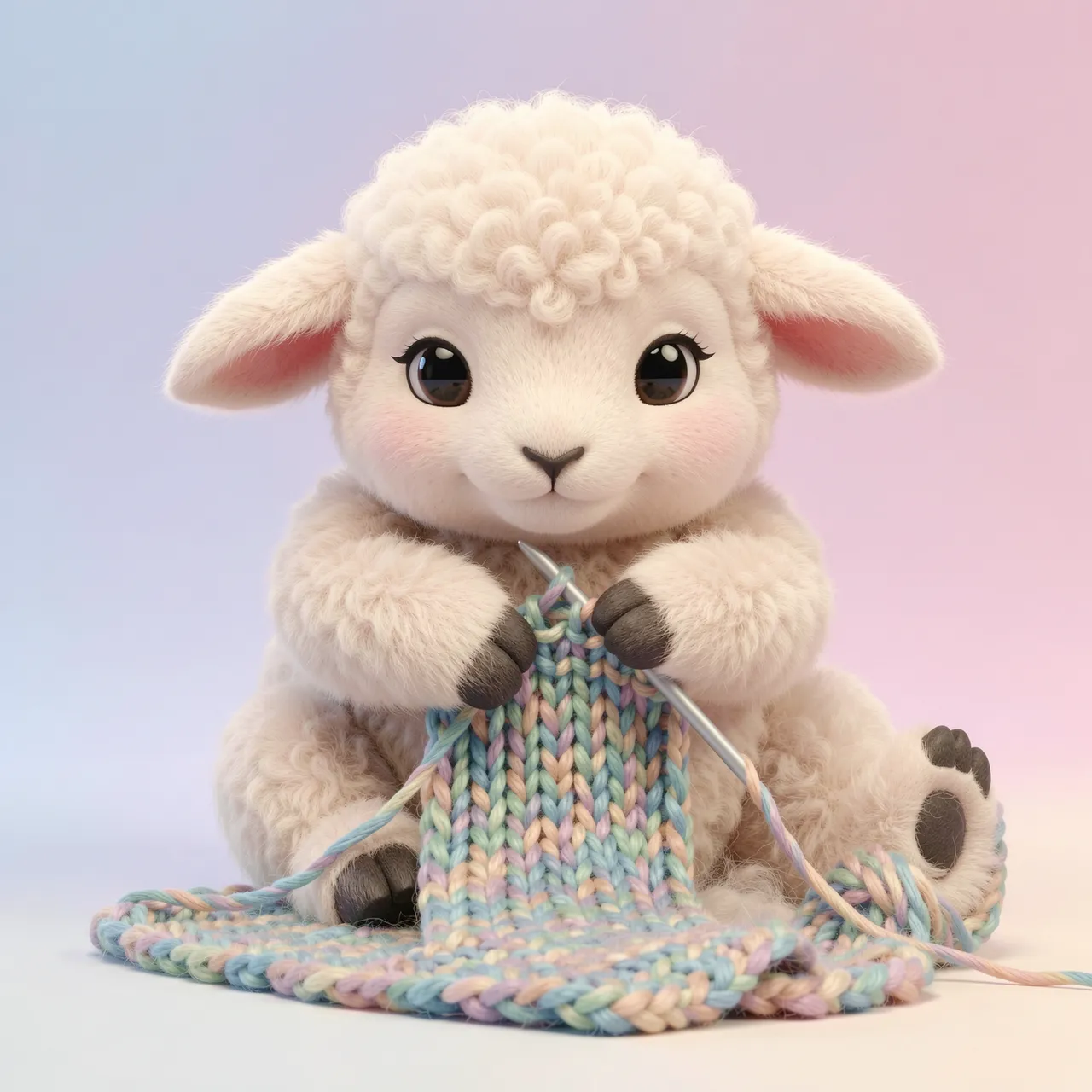 Fluffy pastel 3D lamb sitting while knitting a colorful striped scarf with metal needles