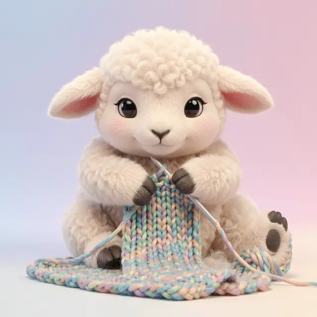Fluffy pastel 3D lamb sitting while knitting a colorful striped scarf with metal needles