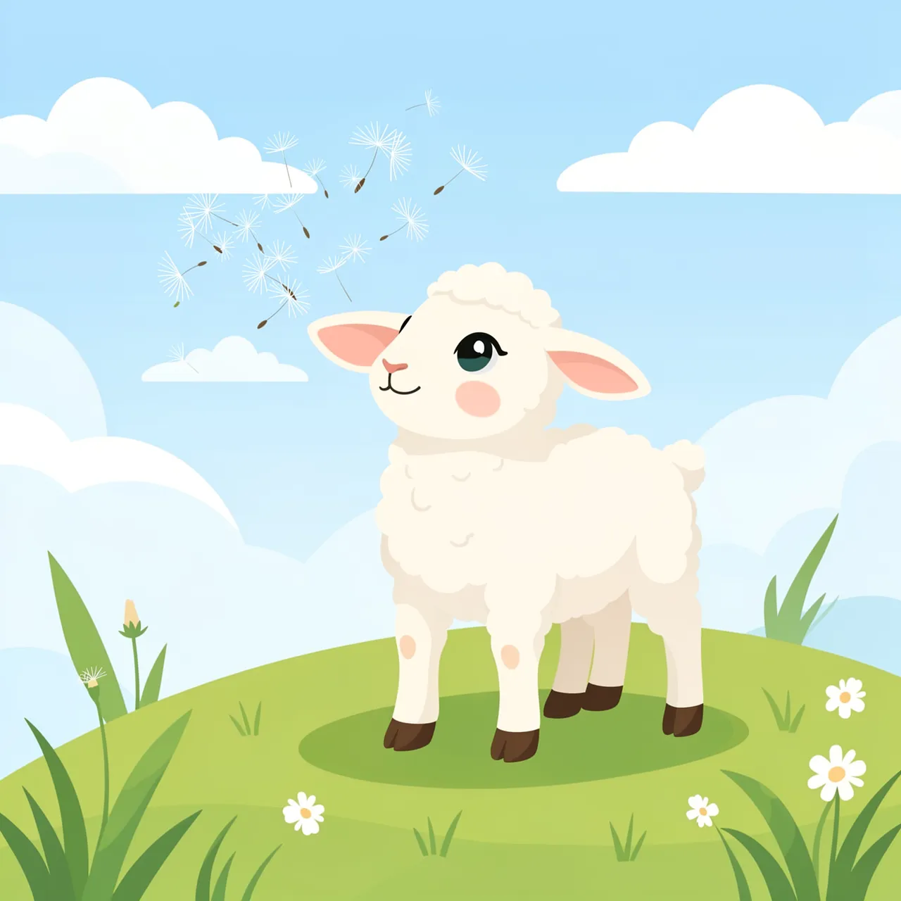 A fluffy white lamb stands on a grassy hilltop as dandelion seeds blow in the soft breeze.