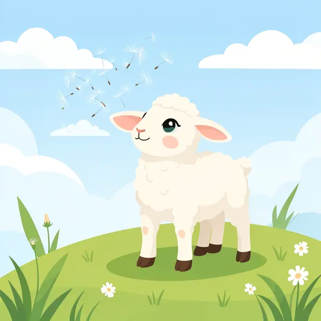 A fluffy white lamb stands on a grassy hilltop as dandelion seeds blow in the soft breeze.