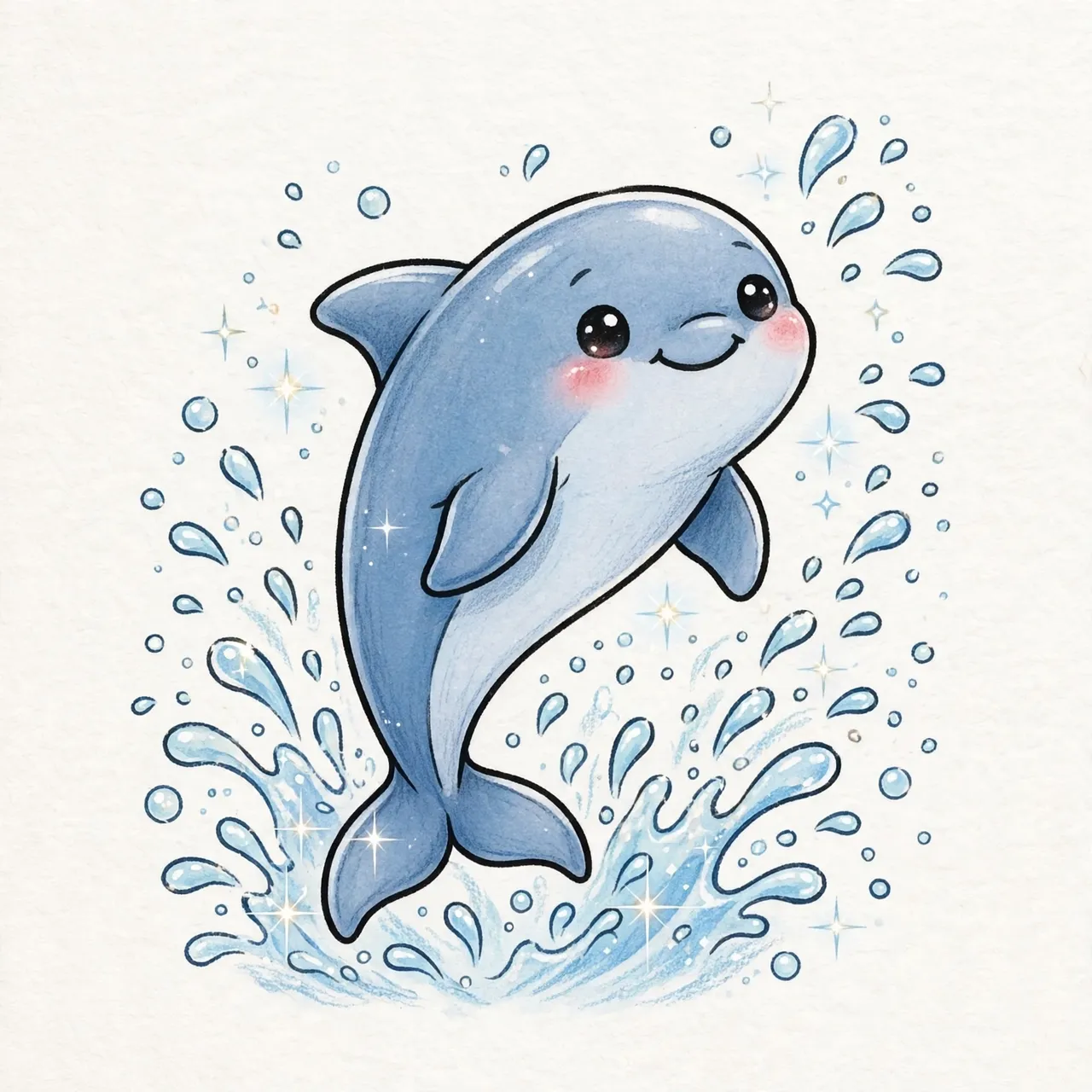 A cheerful cartoon blue dolphin leaping surrounded by sparkling water splashes on textured white paper