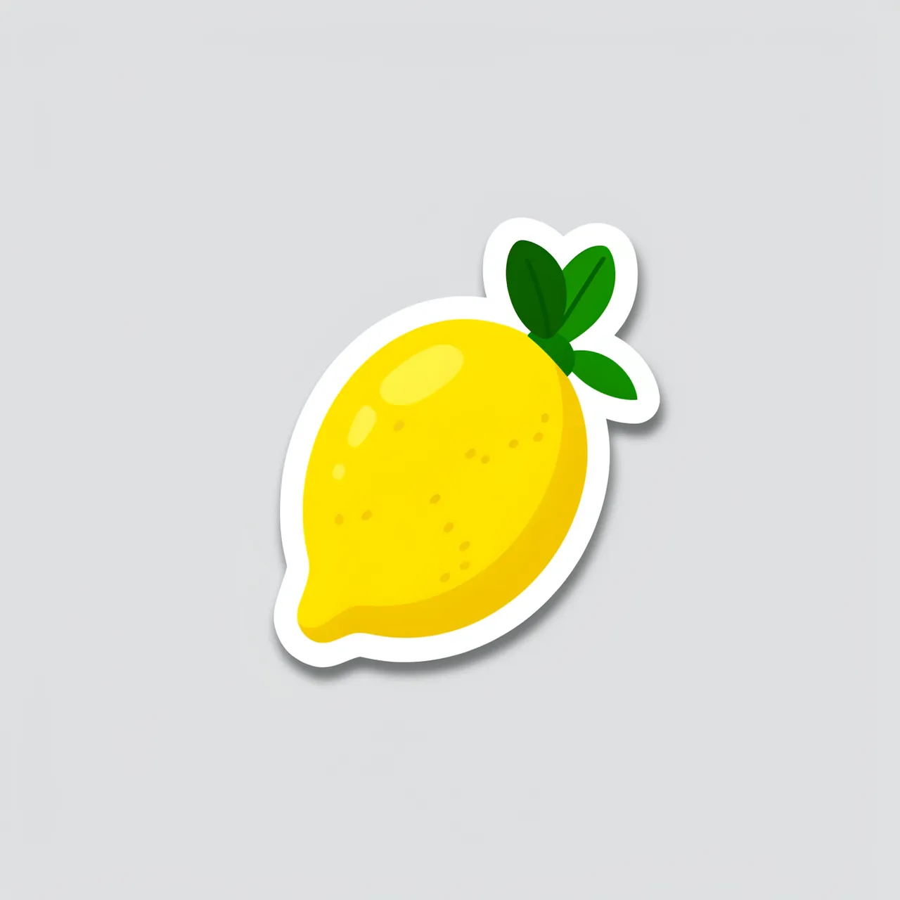 Die-cut sticker of a bright yellow lemon with green leaves and a thick white border, placed on a light gray background