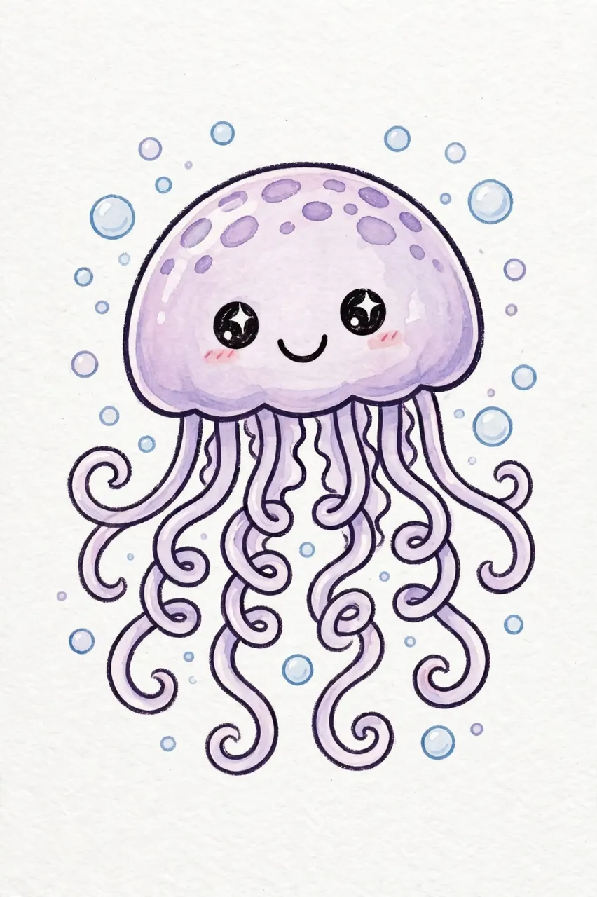 A smiling lilac cartoon jellyfish with curly tentacles floats surrounded by small bubbles on textured white paper