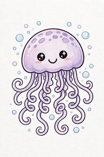 A smiling lilac cartoon jellyfish with curly tentacles floats surrounded by small bubbles on textured white paper
