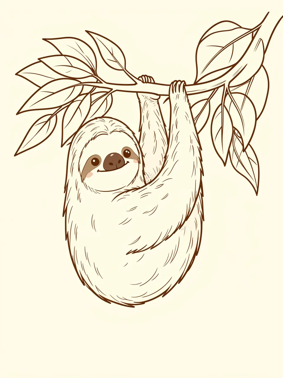 A gentle smiling line drawn sloth hangs from a leafy branch on a cream background