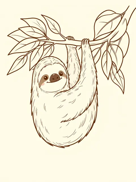 A gentle smiling line drawn sloth hangs from a leafy branch on a cream background