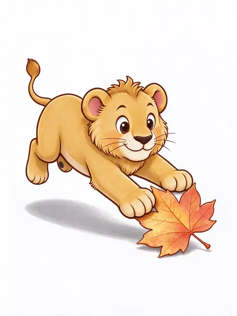 Cartoon lion cub mid-pounce reaching for a colorful autumn maple leaf on a plain white background