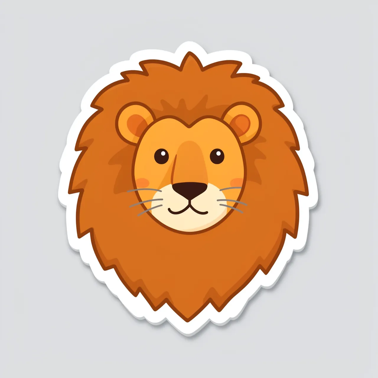 A flat cartoon lion head die-cut sticker with a thick white border on a light gray background
