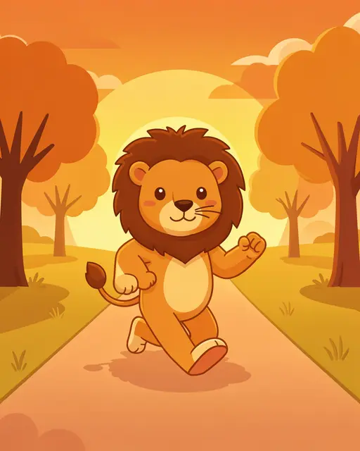 A cartoon cute lion jogs along a park path beneath a warm orange and gold sunrise sky