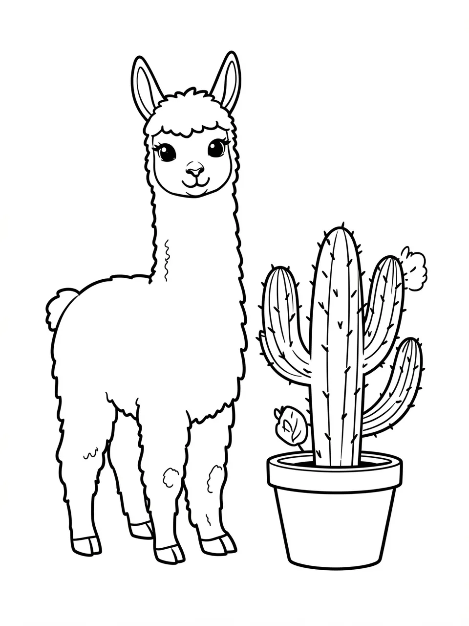 Black and white line art of a friendly cartoon llama standing next to a potted cactus on a plain white background
