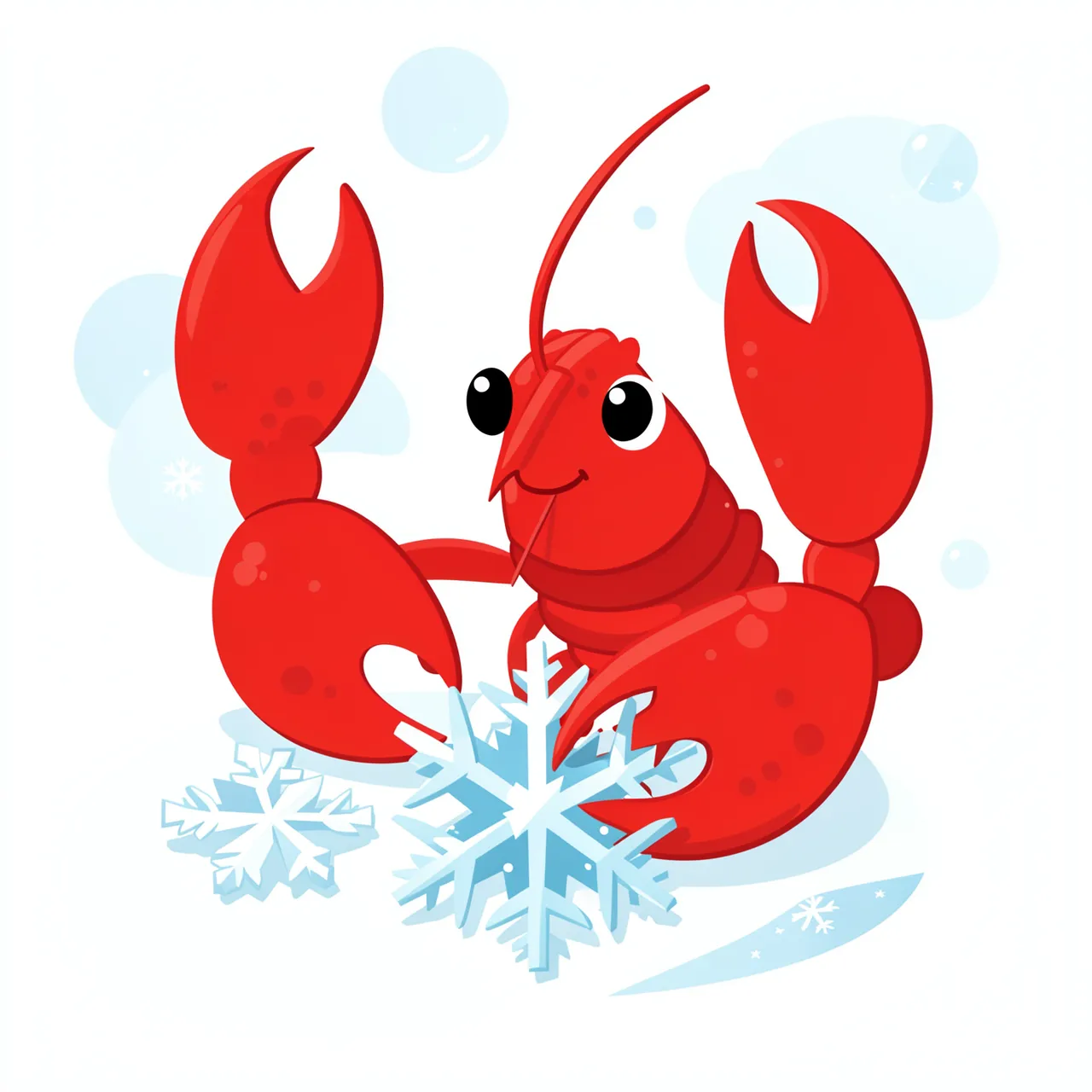 Cheerful cartoon red lobster uses its claws to cut paper snowflakes against a soft winter background