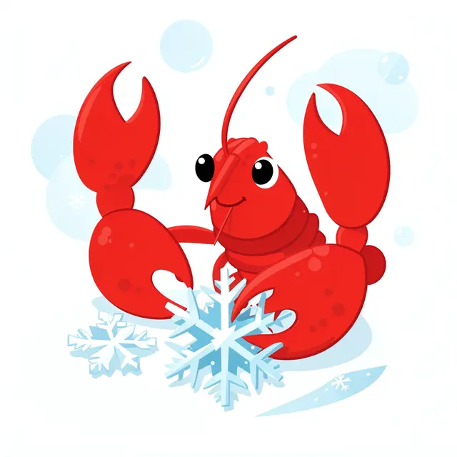 Cheerful cartoon red lobster uses its claws to cut paper snowflakes against a soft winter background