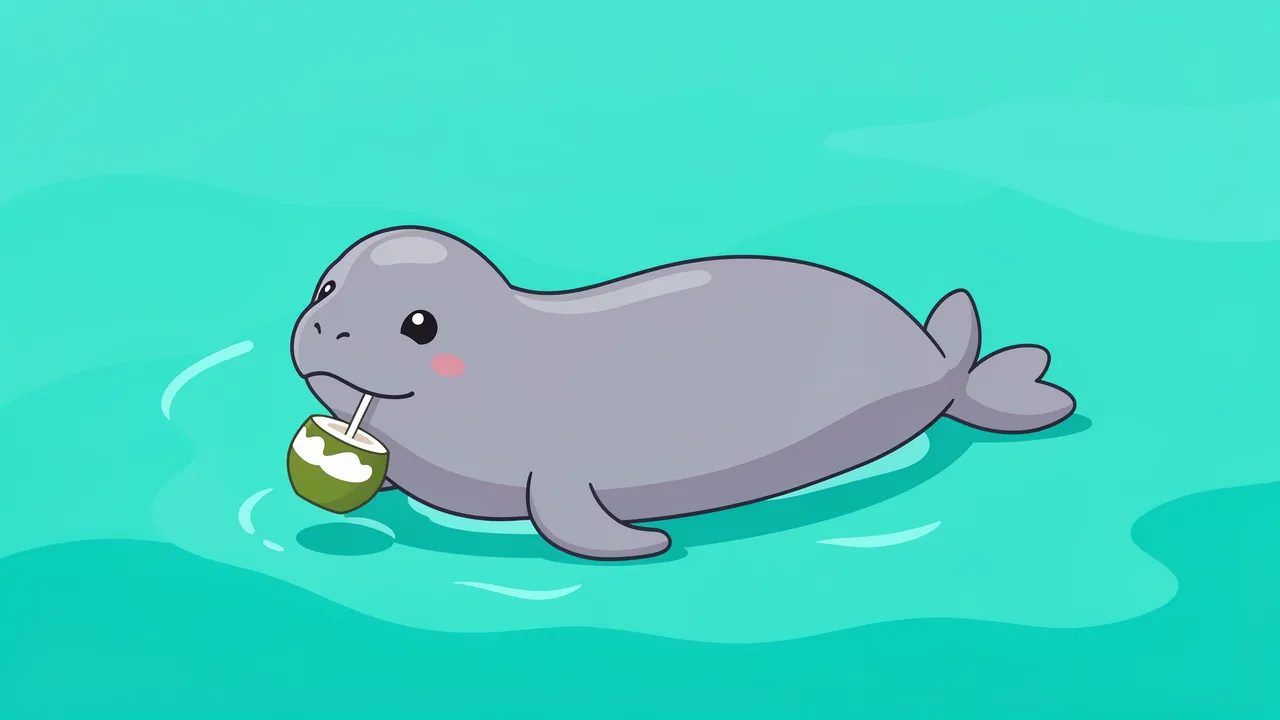 Cartoon manatee floats in turquoise water sipping coconut water through a straw