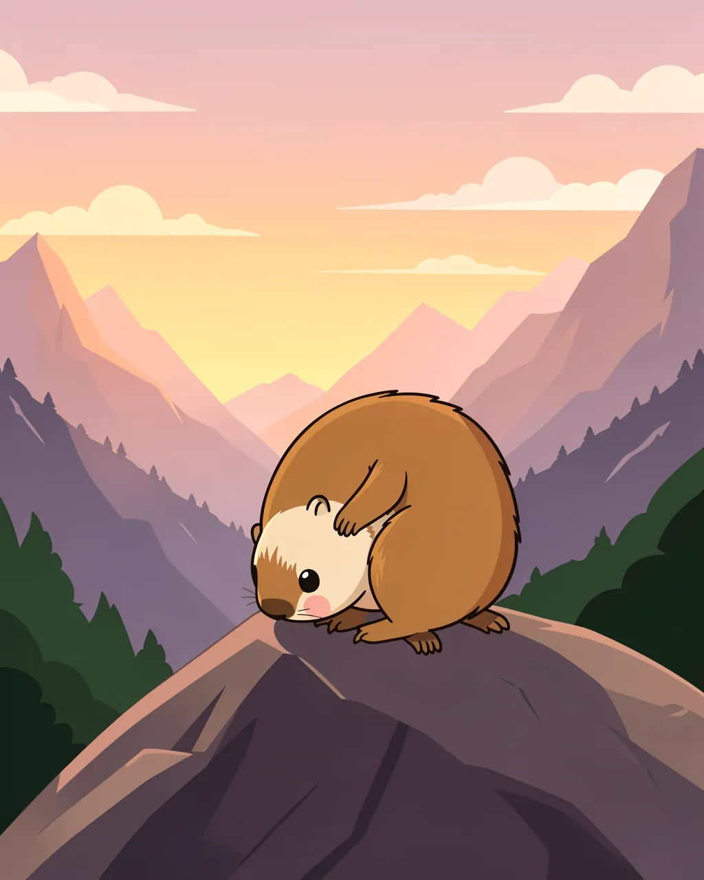 A chibi cartoon marmot stretches on a mountain rock overlooking an alpine valley at soft sunrise
