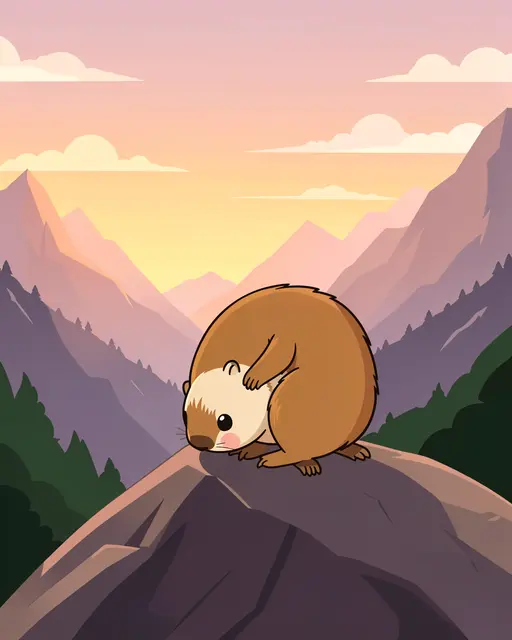 A chibi cartoon marmot stretches on a mountain rock overlooking an alpine valley at soft sunrise