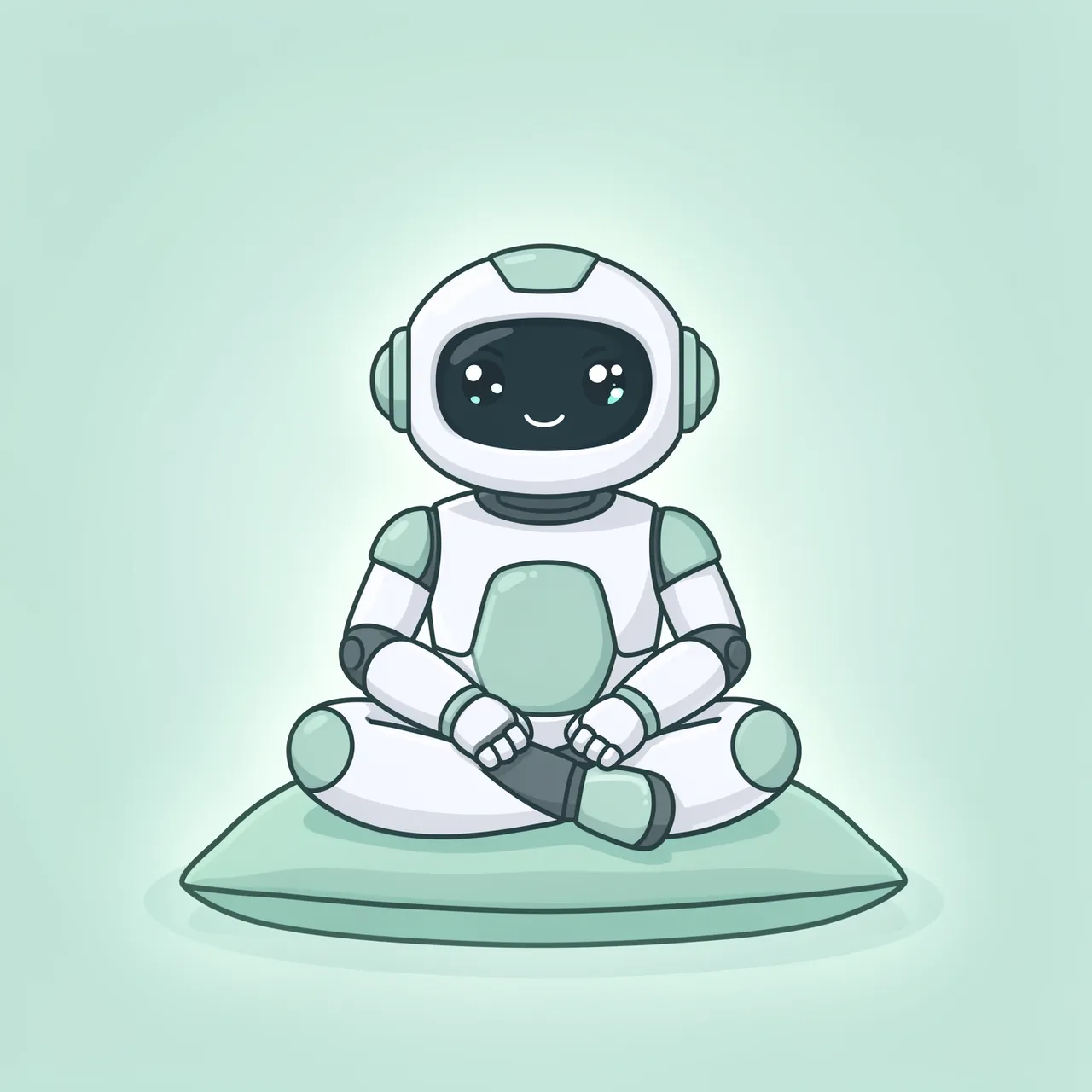 A friendly cartoon robot sits cross-legged on a mint cushion with a soft surrounding glow