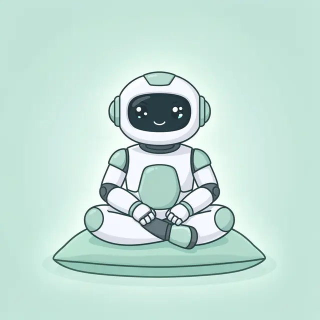 A friendly cartoon robot sits cross-legged on a mint cushion with a soft surrounding glow