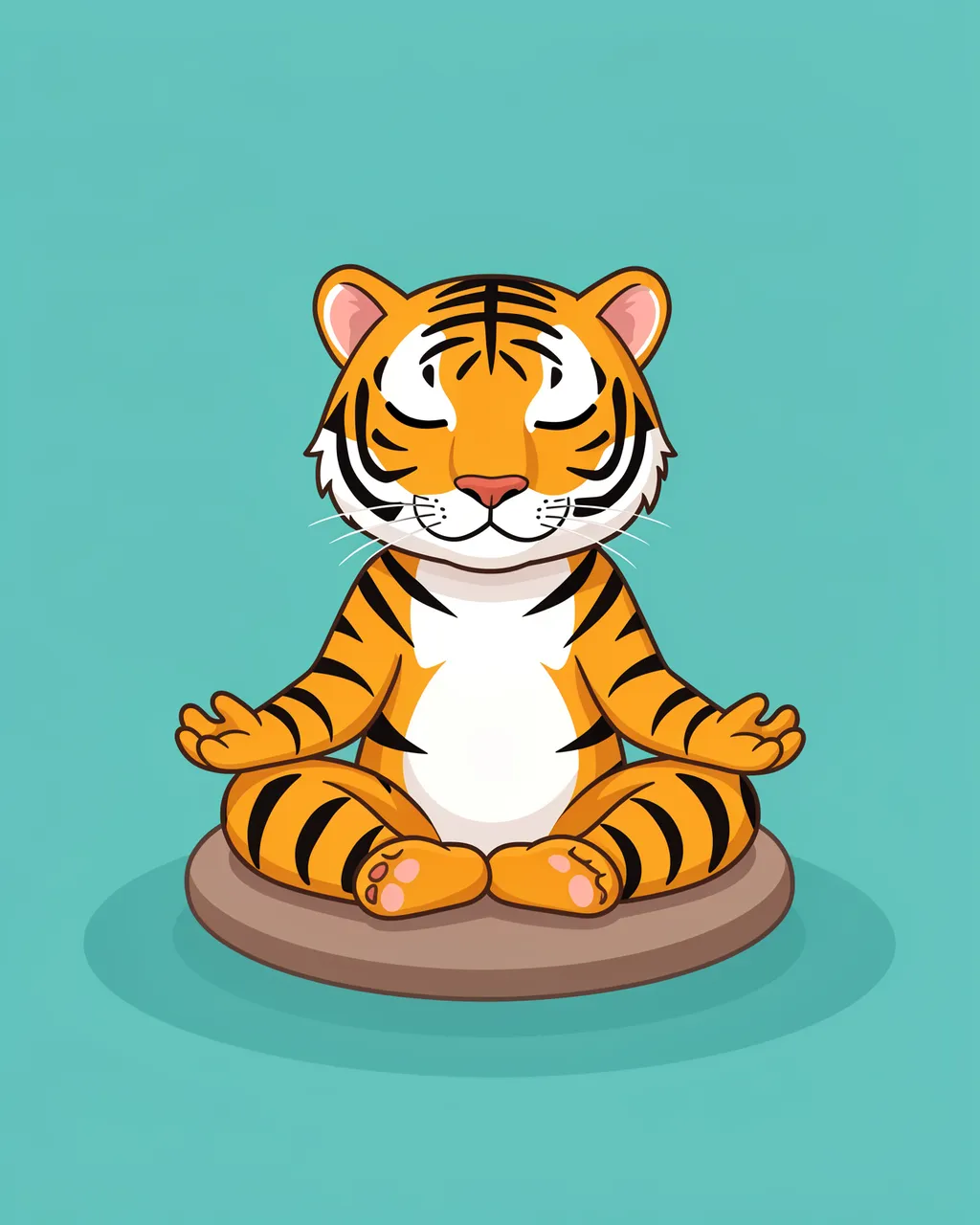 A cartoon tiger sits cross-legged in meditation pose on a round cushion with closed eyes against a solid teal background