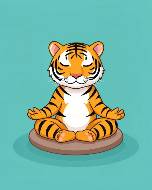 A cartoon tiger sits cross-legged in meditation pose on a round cushion with closed eyes against a solid teal background