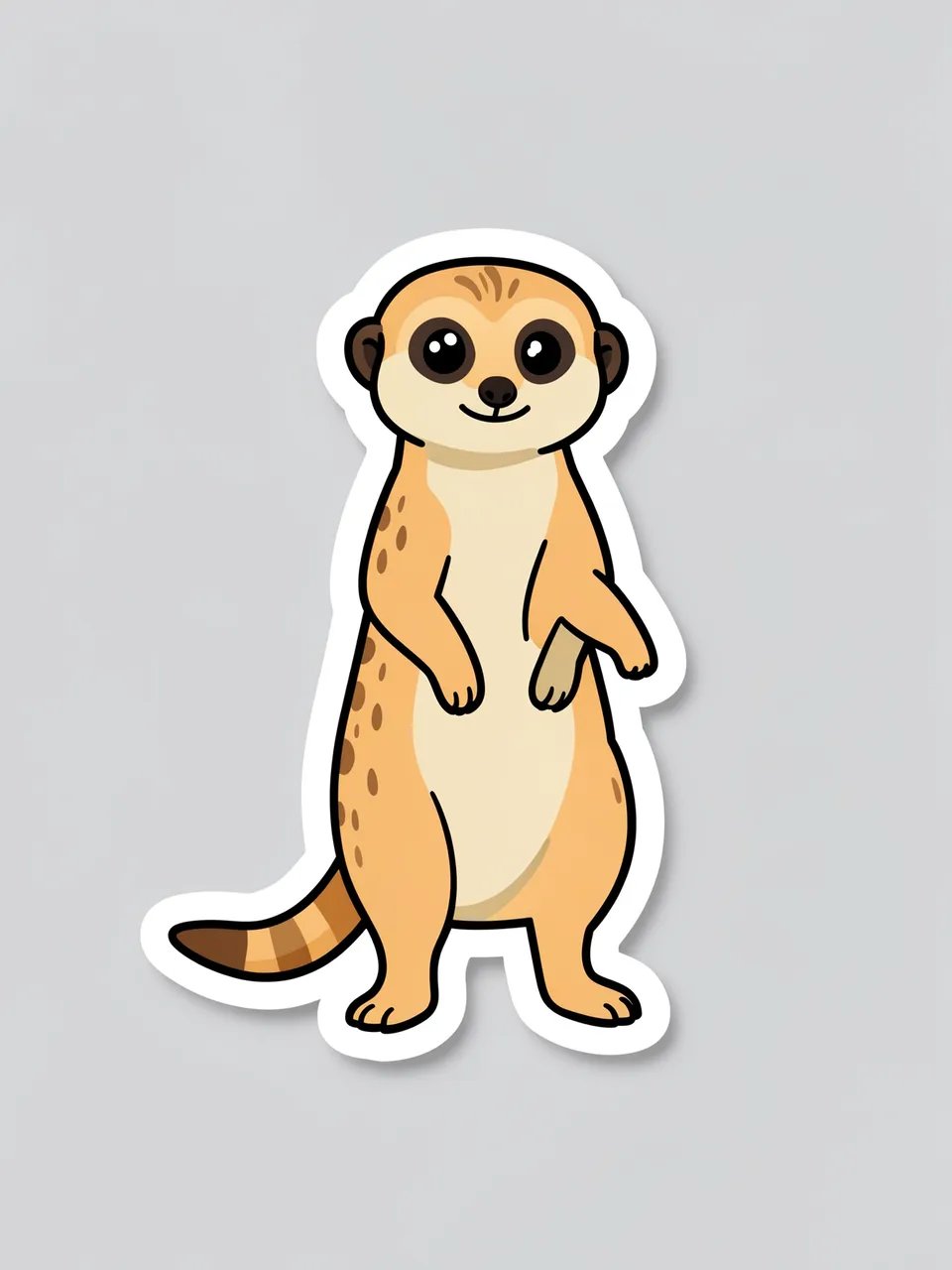 A flat cartoon meerkat sticker with a thick white border sits on a plain light gray background