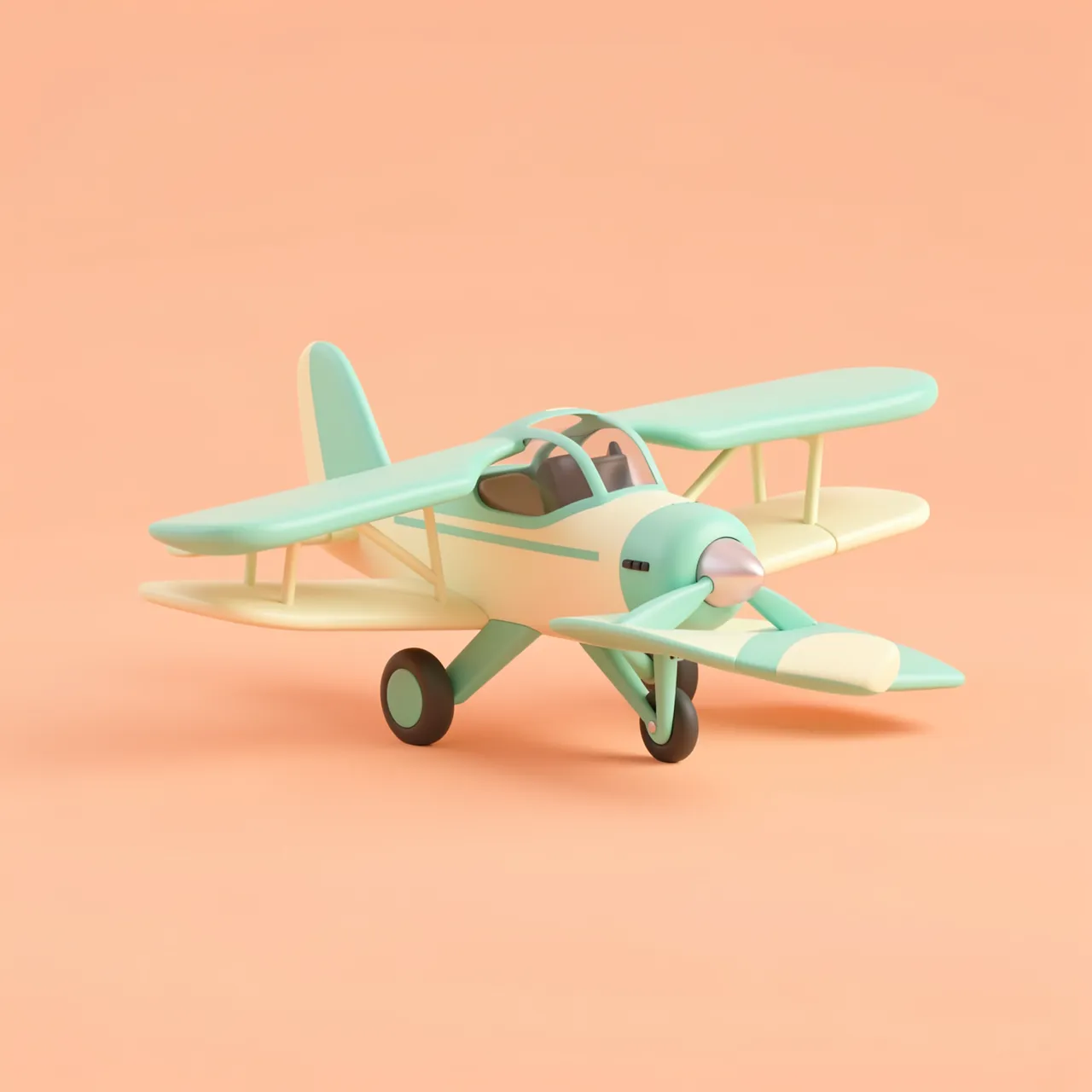 Stylized 3D render of a mint and cream propeller biplane on a plain peach background