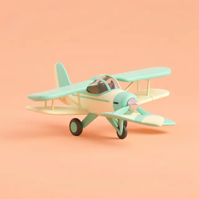 Stylized 3D render of a mint and cream propeller biplane on a plain peach background