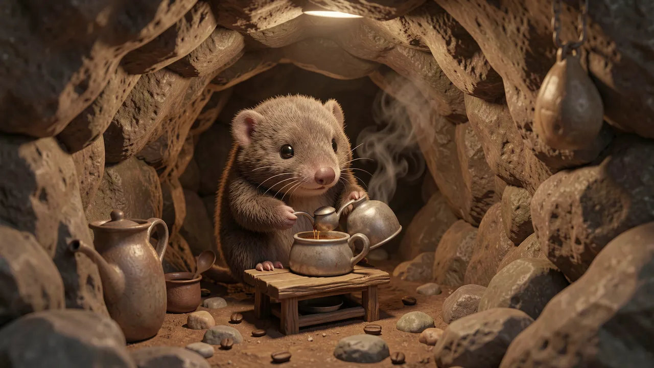 A fluffy little 3D mole pours coffee from a tiny metal pot inside a cozy underground stone burrow