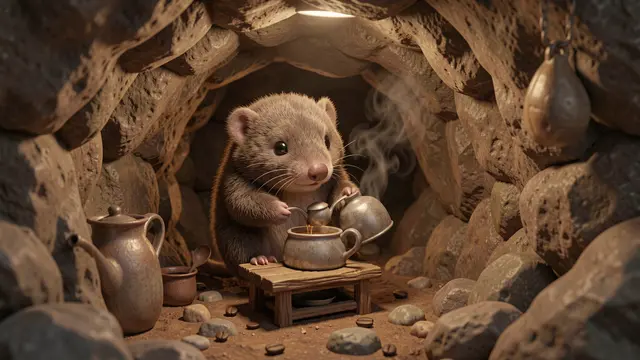 A fluffy little 3D mole pours coffee from a tiny metal pot inside a cozy underground stone burrow