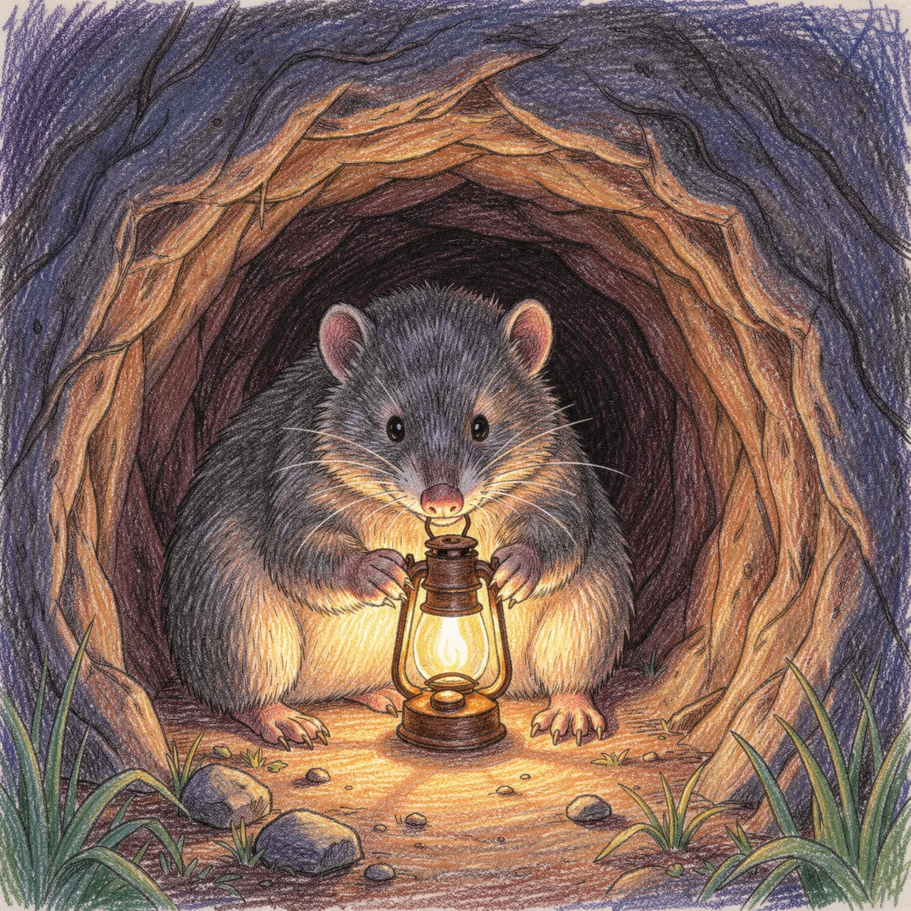 Colored pencil drawing of a small furry mole holding a lit lantern at its tunnel mouth at dusk