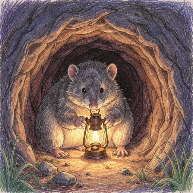 Colored pencil drawing of a small furry mole holding a lit lantern at its tunnel mouth at dusk