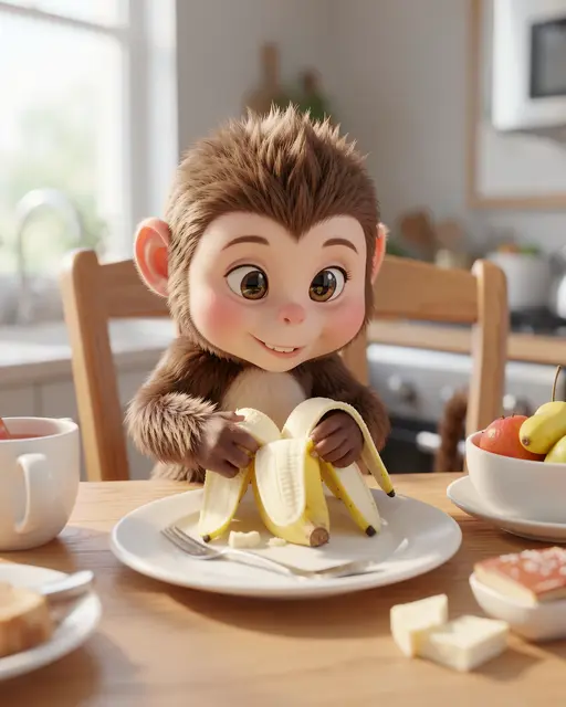 A cute stylized 3D little monkey peels a banana while sitting at a bright kitchen breakfast table.