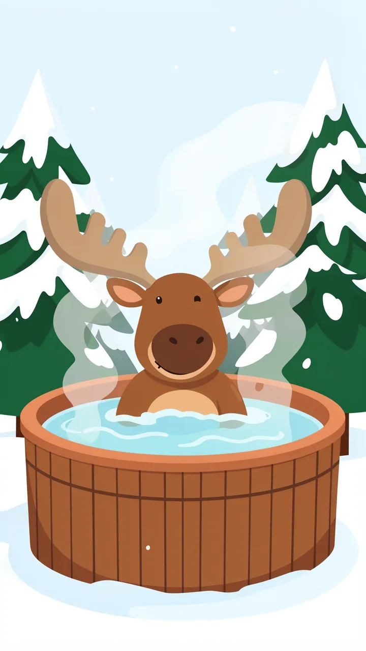 A cartoon moose relaxes in a steaming wooden hot tub surrounded by snowy pine trees.