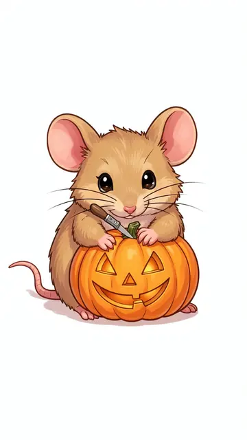 A cute brown mouse carving a tiny grinning jack-o'-lantern against a plain white background