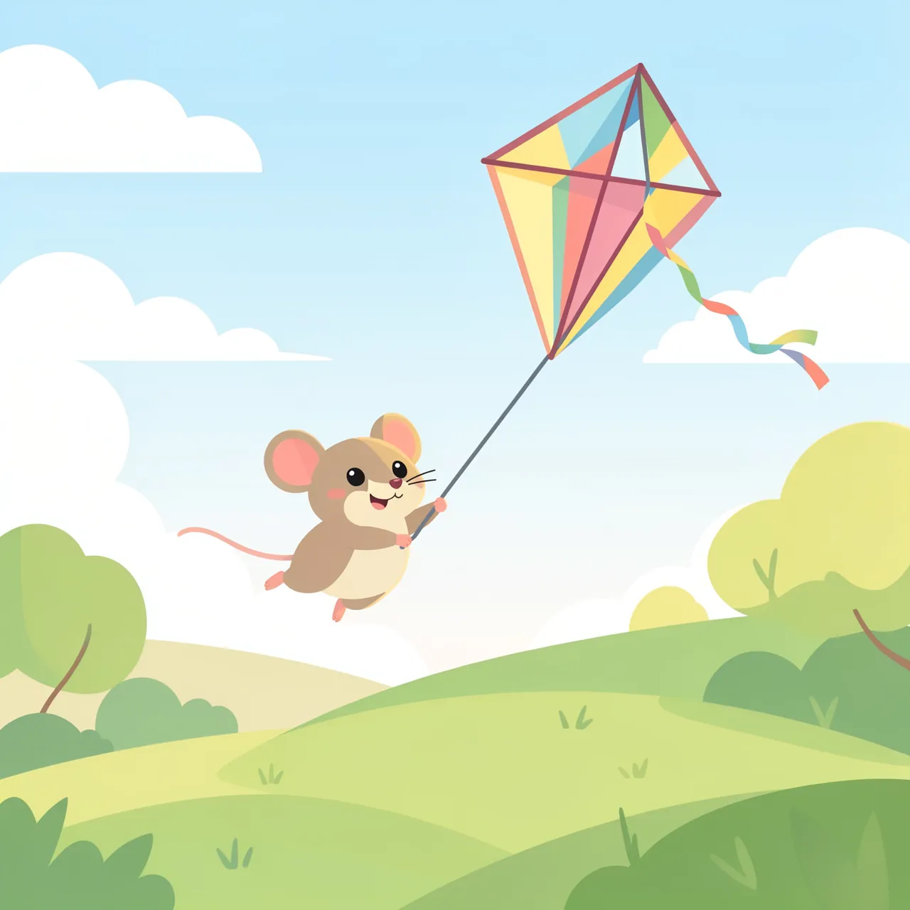 A cheerful cartoon mouse holds a multicolored kite while floating above a green spring hill under a blue sky.