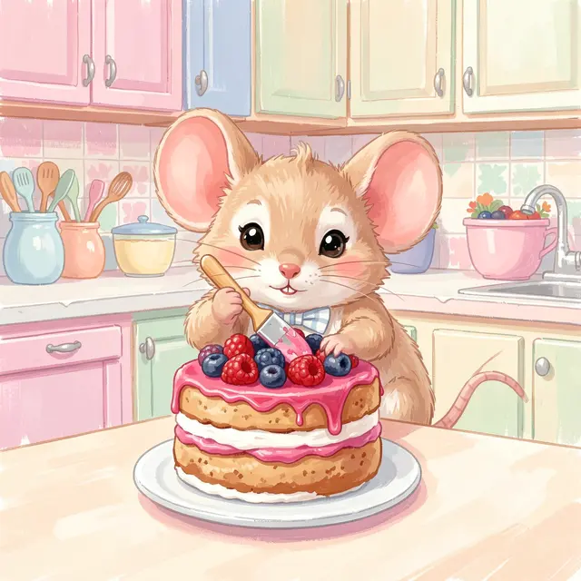 A fluffy brown mouse with a bow tie ices a layered berry cake in a pastel kitchen