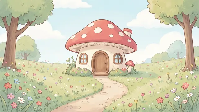 A whimsical mushroom cottage sits in a flower-filled pastel meadow with a winding stone path and soft clouds overhead.